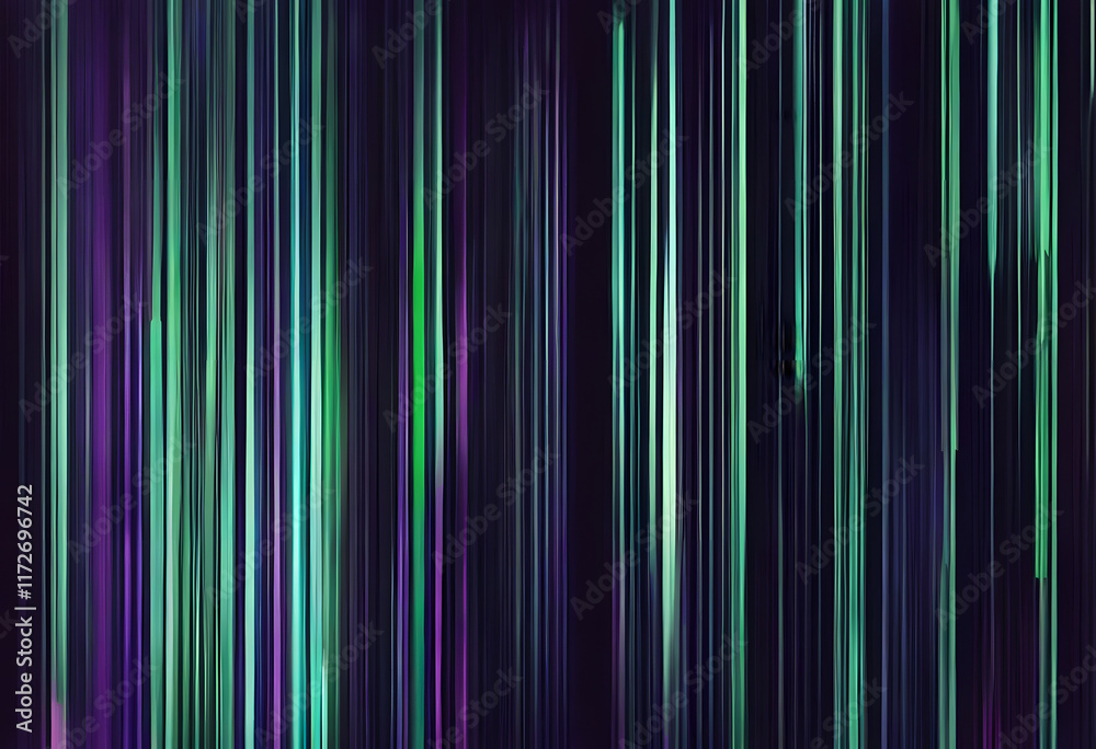 Dark purple and green vertical stripes with a digital glitch effect on a black background. Glitch-like video game lines. Abstract, motion-blurred effect. Dark purple and green vertical stripes with a digital glitch effect on a black background. Glitch-like video game lines. Abstract, motion-blurred effect.