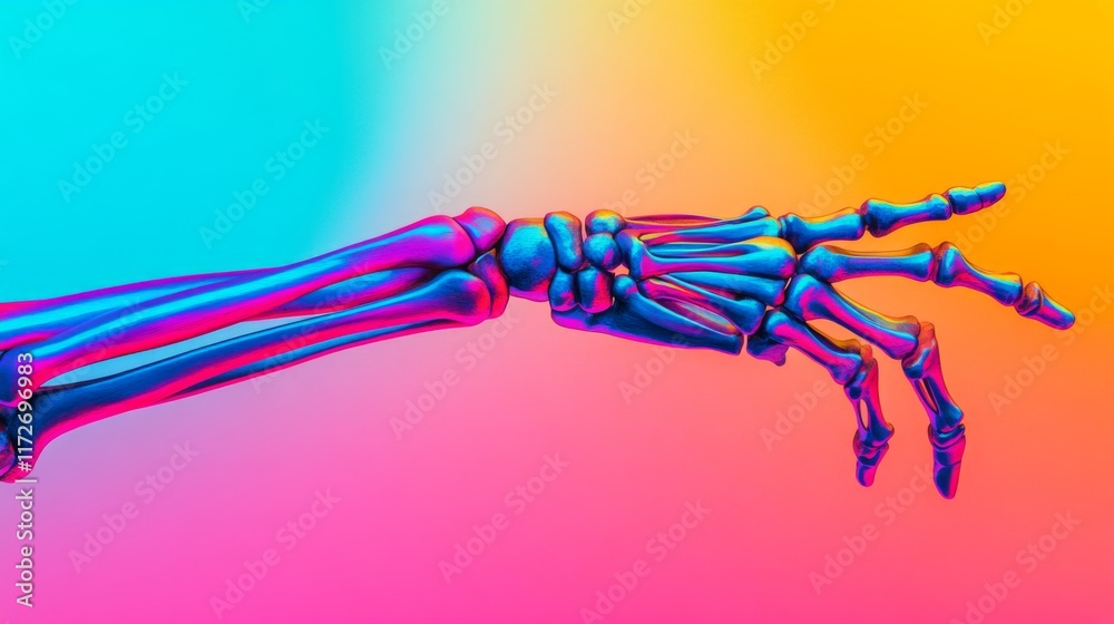 An abstract representation of a colorful skeletal hand reaching out in a vibrant world. Discover the fusion of art and anatomy. This image captures imagination. Generative AI An abstract representation of a colorful skeletal hand reaching out in a vibrant world. Discover the fusion of art and anatomy. This image captures imagination. Generative AI