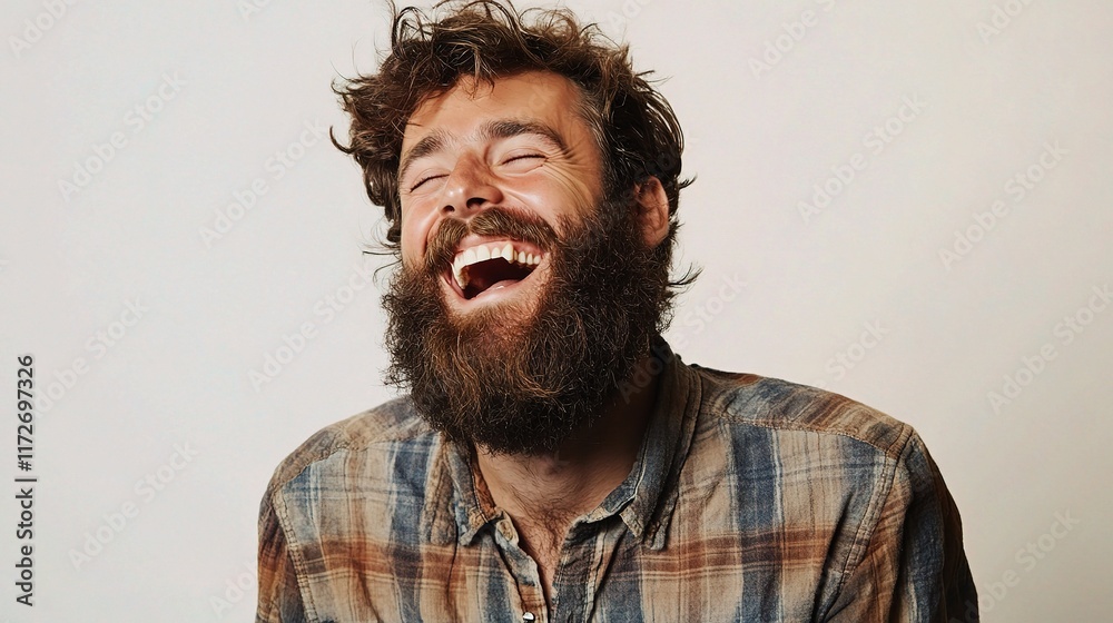 Fototapeta premium Handsome Caucasian Man with Beard Laughing on Isolated Background