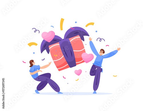 illustration of happy couple because get big gift. celebrating valentine day with couple. gift for beloved girlfriend. event, festival, party. flat style design. element