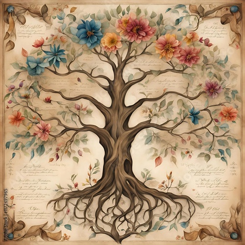 A beautifully illustrated family tree on parchment-style paper, with ornate calligraphy for names and watercolor-painted branches filled with symbolic leaves, flowers, and roots.