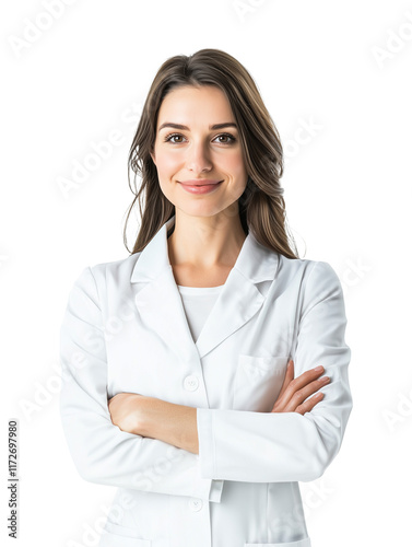 confident female dermatologist in white lab coat, smiling with arms crossed, isolated on transparency background. She exudes professionalism and expertise in skincare