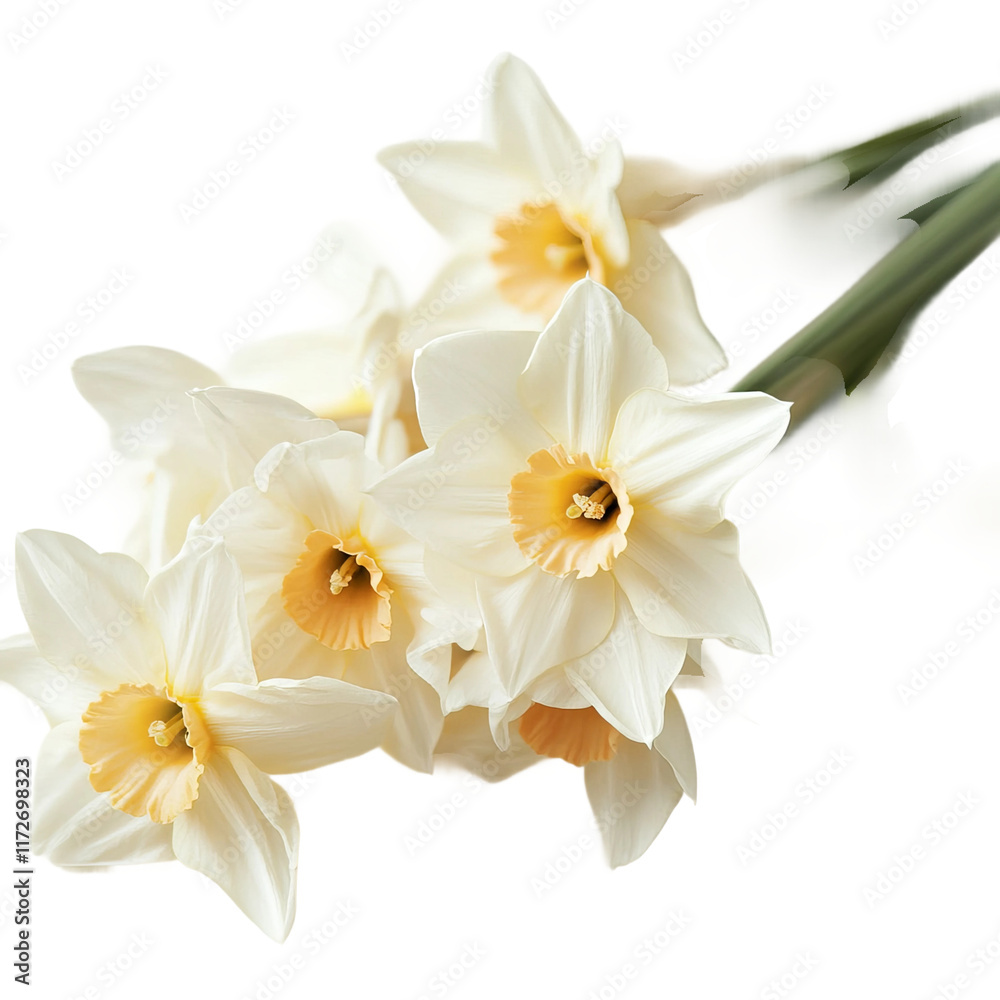 a bunch of pale daffodils with orange centers lying down isolated on a white background a bunch of pale daffodils with orange centers lying down isolated on a white background