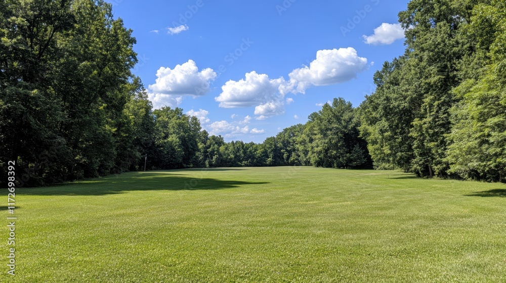 A panoramic view of a green field stretching into the horizon with a few scattered trees A panoramic view of a green field stretching into the horizon with a few scattered trees