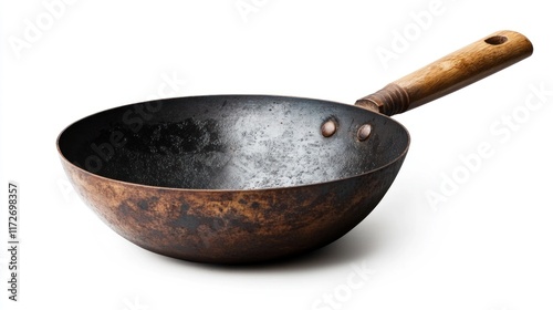 Rustic Vintage Wok Pan with Wooden Handle, Dark Patina, Cooking Utensil, Kitchenware, Asian Cuisine, Authentic Style,  Traditional Design, Culinary Tool, Home Cooking Equipment