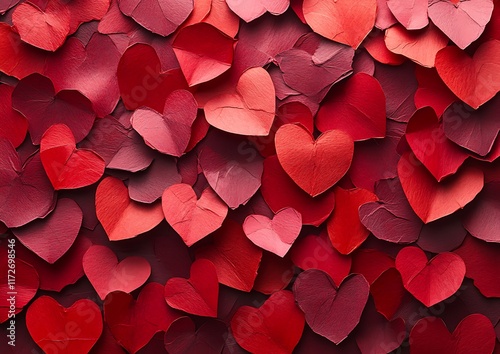 Valentine's Day Background with Red Paper Hearts, Layered Heart Shapes, and Romantic Textures in Shades of Red and Pink photo