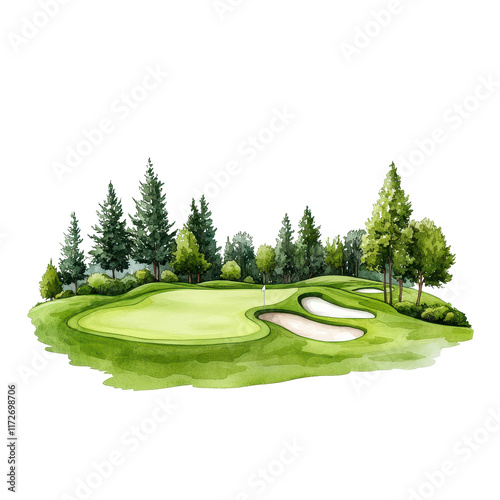 Watercolor Golf Course Illustration in Picturesque Style