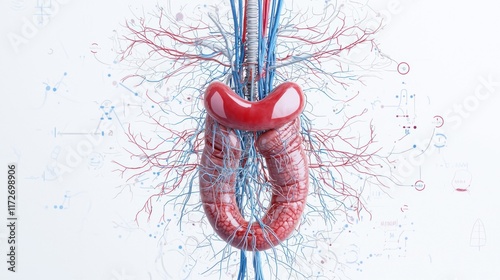 Anatomical illustration of a kidney with vascular structures. photo