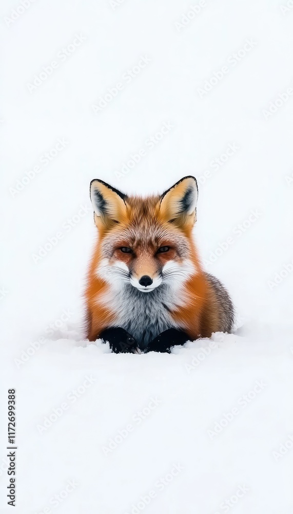Fototapeta premium A red fox resting in the snow, showcasing its vibrant fur against a white backdrop.
