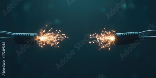 Abstract Digital Connection, Two Cables Emit Bright Sparks, Symbolizing High Speed Data Transfer