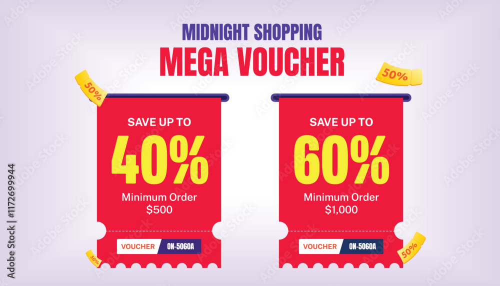 Obraz premium 2 stacks of coupons are being printed from a slot, isolated on a dark background with a firework effect. Printing gift voucher banner template with multicolor background.