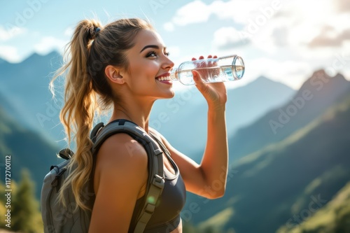 Side view of positive young ethnic female athlete in sportswear smiling and looking at camera while drinking water after workout in mountains photo