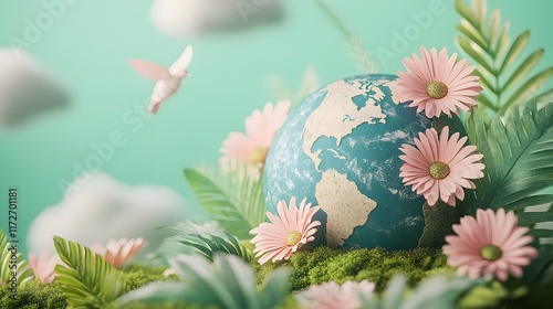 Whimsical Earth globe diorama features pink daisies, tropical plants, cotton clouds, and tiny birds, creating dreamy environmental scene with moss ground and delicate paper flower elements.