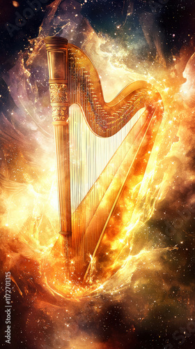 A mystical watercolor painting of a golden harp encircled by ethereal angelic beings, glowing softly in a celestial realm filled with radiant light and divine energy.