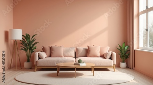 A close-up shot of a trendy, peach-colored interior featuring a minimal living room with a wooden coffee table positioned near a sofa