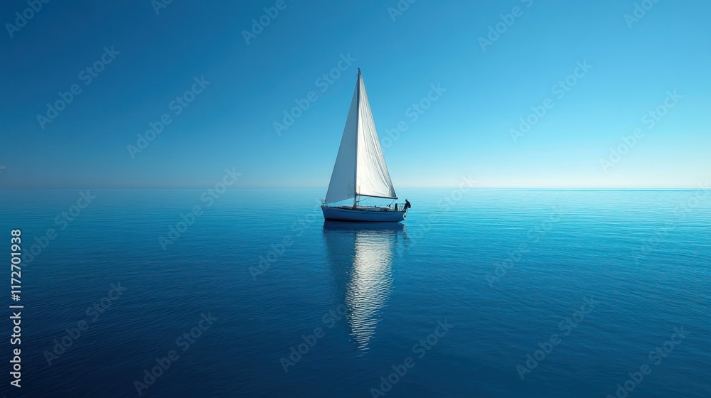 Obraz premium Solitary sailboat on calm ocean, clear sky background. Ideal for travel, serenity themes.