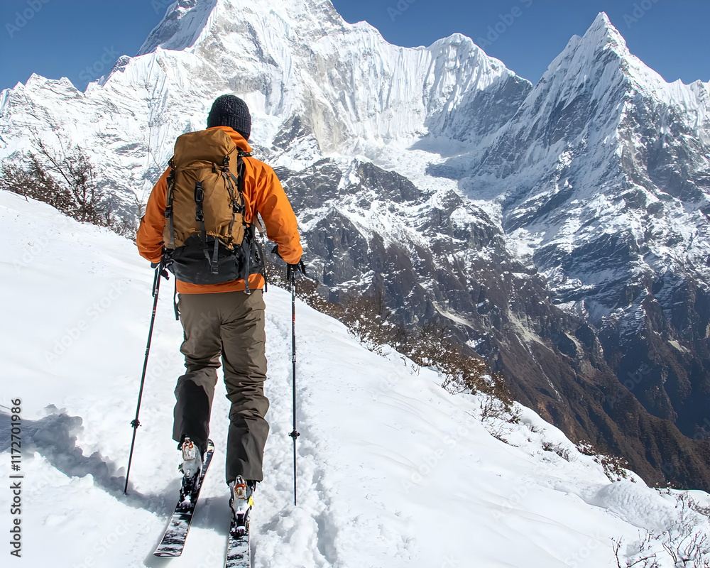 Adventurous skier ascending snowy mountain peak, stunning Himalayan backdrop. Adventurous skier ascending snowy mountain peak, stunning Himalayan backdrop.