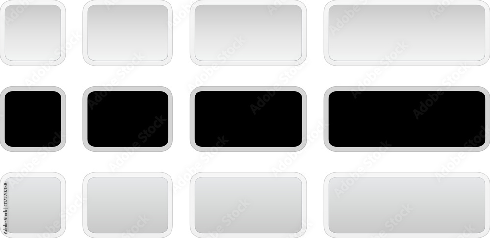 Buttons black gray square and rectangle shapes collection, interesting navigation panel for website with shiny light buttons. Buttons black gray square and rectangle shapes collection, interesting navigation panel for website with shiny light buttons.