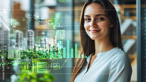 A happy young woman showcases modern technology solutions for sustainable real estate designs. photo