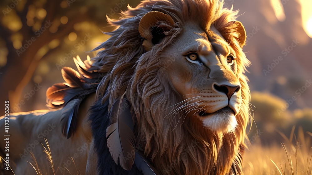 Fototapeta premium Majestic Lion in the Golden Afternoon A Hyper-Realistic Portrait