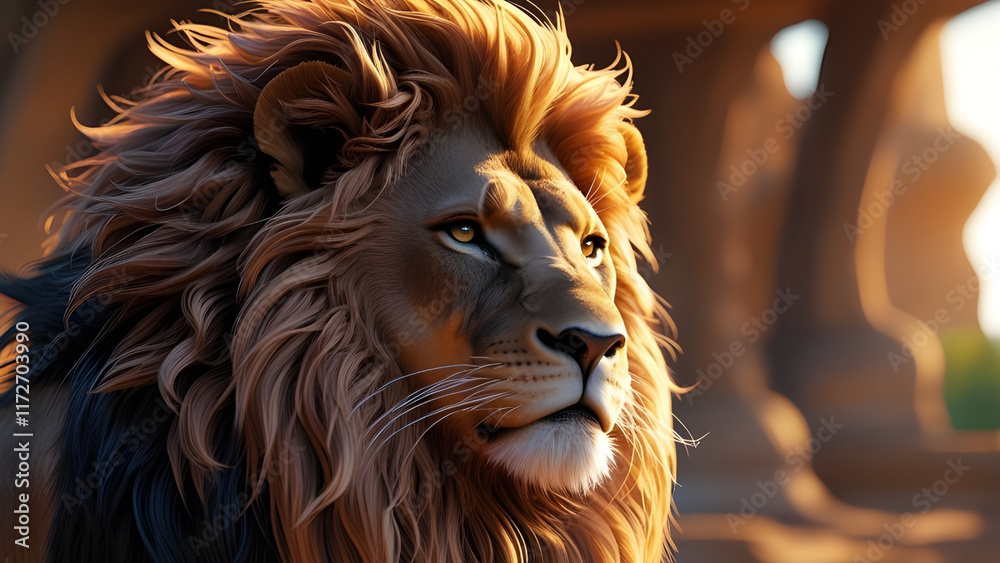 Fototapeta premium Majestic Lion in the Golden Afternoon A Hyper-Realistic Portrait