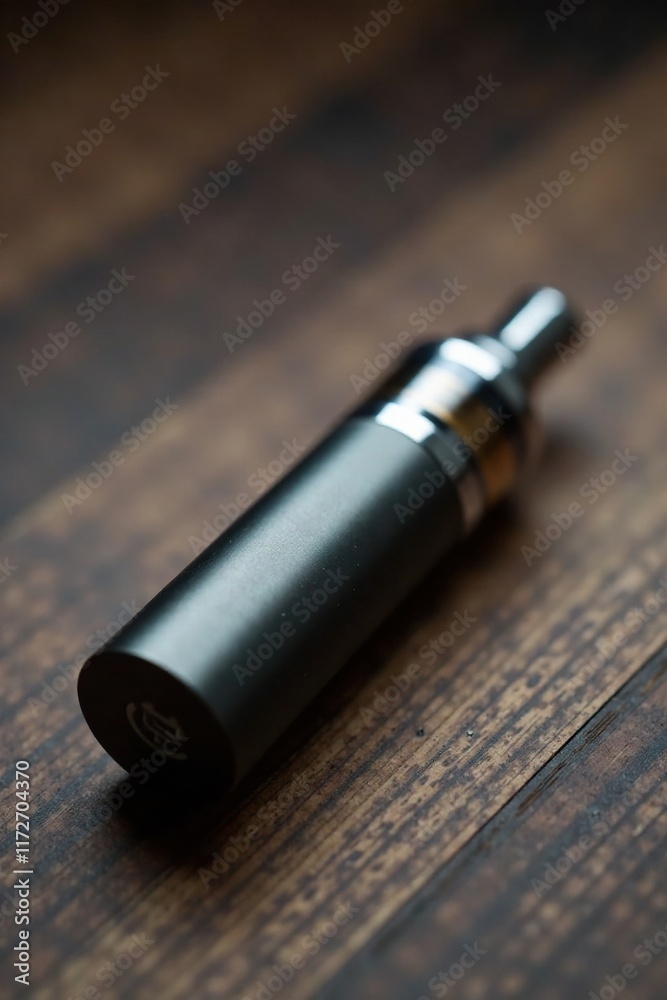 A dark grey vape cartridge with a metallic tip lies on a wooden surface, metal, cartridge A dark grey vape cartridge with a metallic tip lies on a wooden surface, metal, cartridge