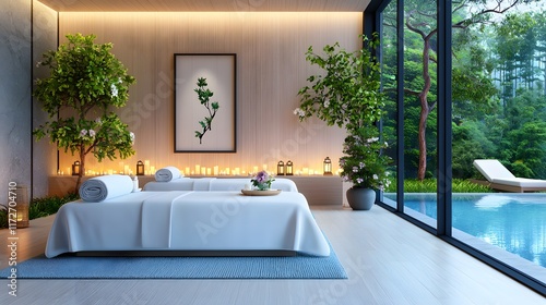 A couple enjoying massages in a serene spa room illuminated by soft candlelight. Aromatic oils and calming music enhance the relaxing and romantic vibe.