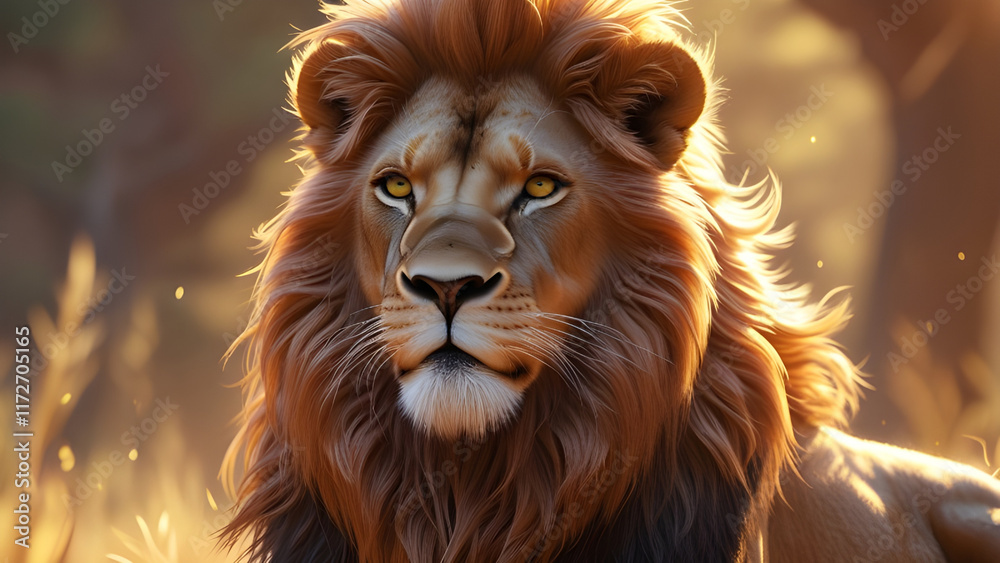 Fototapeta premium Majestic Lion in the Golden Afternoon A Hyper-Realistic Portrait