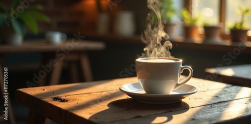Aromas of freshly brewed coffee waft from a small wooden table, tables, aroma, coffee