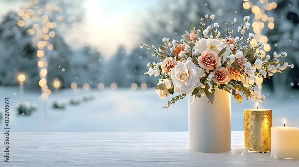 Fototapeta premium A couple exchanging vows in a snowy garden, surrounded by white and gold wedding decor. Snowflakes gently falling create a magical scene.