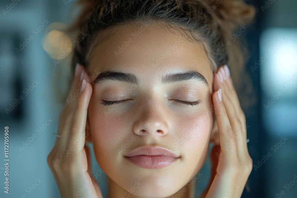 Fototapeta premium Young woman with smile on her face covers her temples with her hands