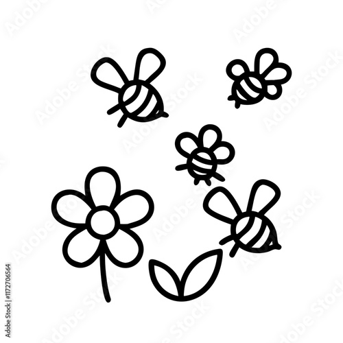 Bees and flowers in black line art with playful simplicity.