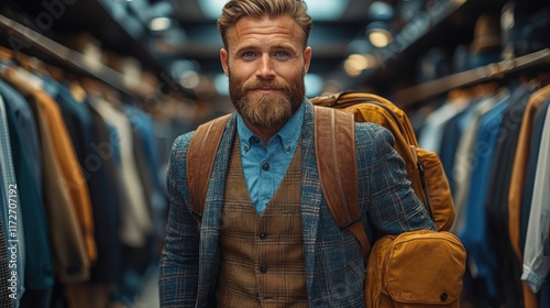 Stylish man with backpack in clothing store.