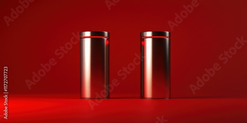 Two Metallic Cylinders with Red Illumination on Red Background
