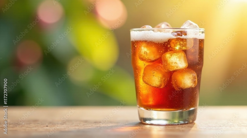Refreshing Iced Brown Beverage in a Glass on a Wooden Surface Refreshing Iced Brown Beverage in a Glass on a Wooden Surface