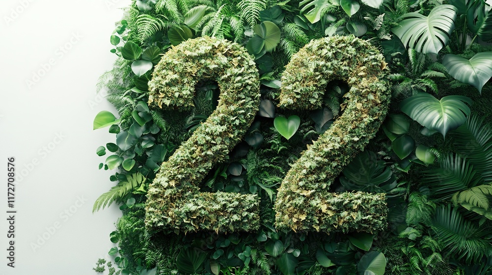 Number 22 made of green leaves on a wall of foliage. Number 22 made of green leaves on a wall of foliage.
