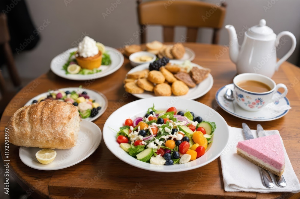 Salad, bread, desserts, cake and tea on wooden table Salad, bread, desserts, cake and tea on wooden table