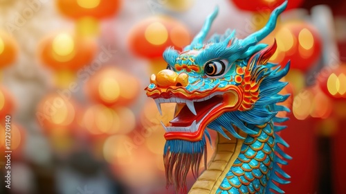 Colorful chinese dragon celebrating lunar new year with traditional lanterns