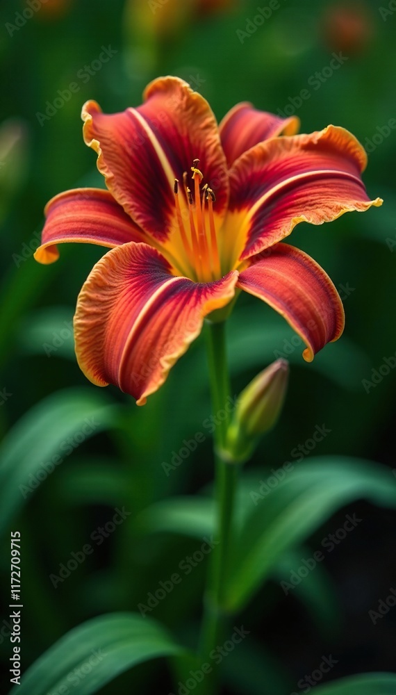 Deep red inner petals with orange yellow outer layers on a daylily stem, daylily, foliage Deep red inner petals with orange yellow outer layers on a daylily stem, daylily, foliage