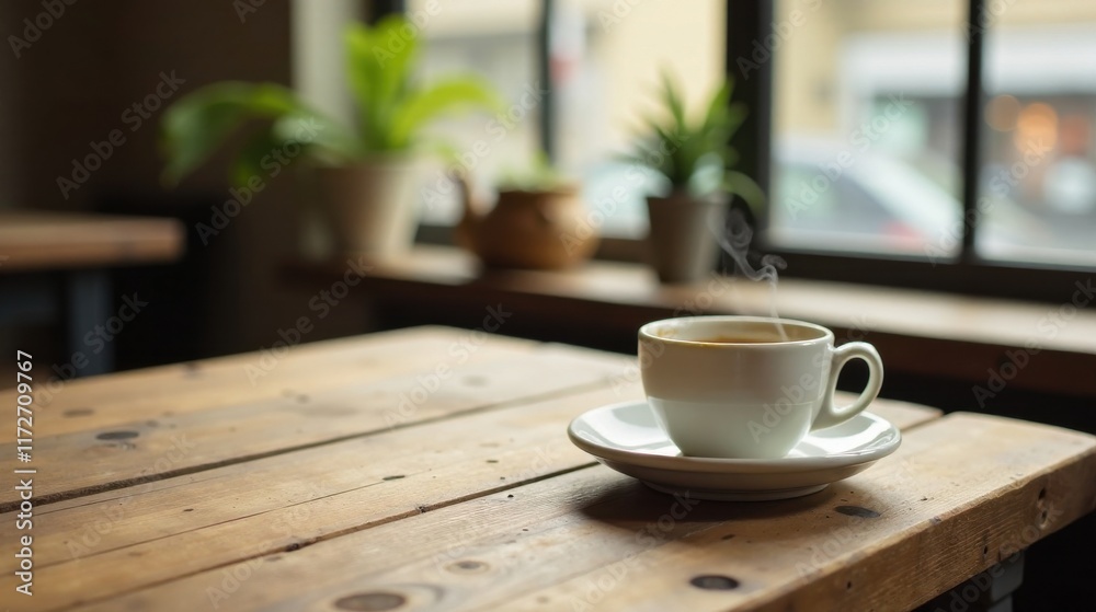 Aromatic Coffee Steam Rising From Cup on Rustic Wooden Table Aromatic Coffee Steam Rising From Cup on Rustic Wooden Table