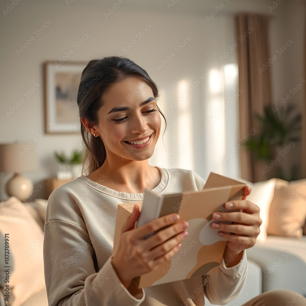 A person unboxing a package from an online store in a cozy living room setting, with stylish packaging and soft, warm lighting A person unboxing a package from an online store in a cozy living room setting, with stylish packaging and soft, warm lighting