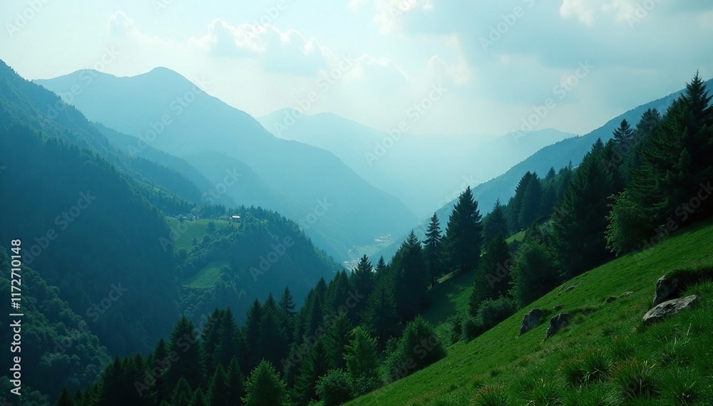 Obraz premium Dense forests on mountain slopes with a misty atmosphere, greenery, mountains