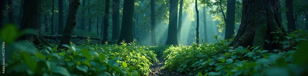 Fototapeta premium Dense long grasses hiding secrets in a dark and mysterious forest, trees, foliage