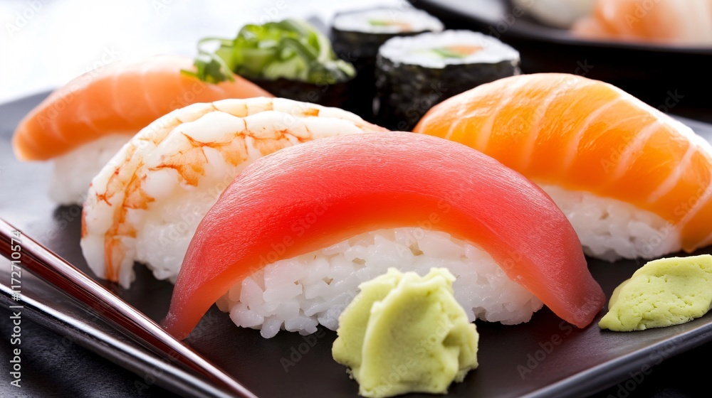 Fresh Sushi Variety with Colorful Fish and Wasabi on Black Plate Fresh Sushi Variety with Colorful Fish and Wasabi on Black Plate