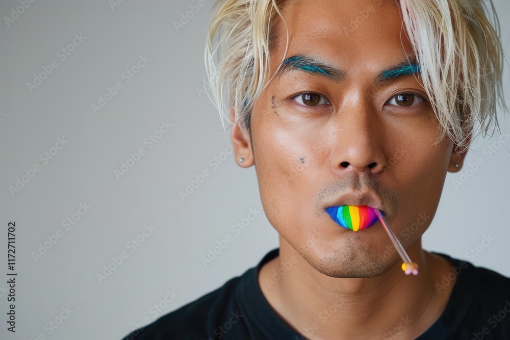 Non binary Asian man with blonde hair and makeup in studio portrait. Non binary Asian man with blonde hair and makeup in studio portrait.