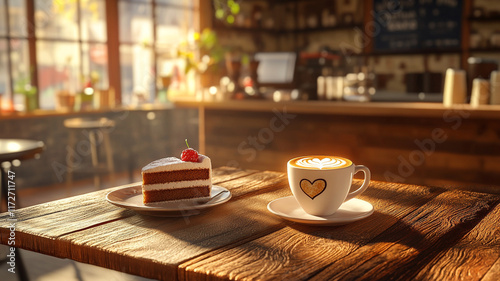 cozy coffee shop scene featuring latte with heart art and slice of cake. warm ambiance invites relaxation and enjoyment, perfect for sweet treat