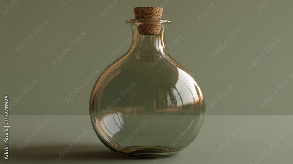 Handcrafted glass bottle with a cork stopper on a muted olive background Handcrafted glass bottle with a cork stopper on a muted olive background