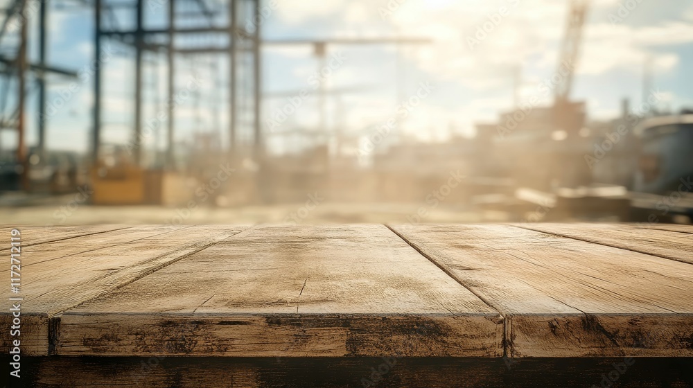 Empty Wooden Table with Construction Site in the Background Empty Wooden Table with Construction Site in the Background