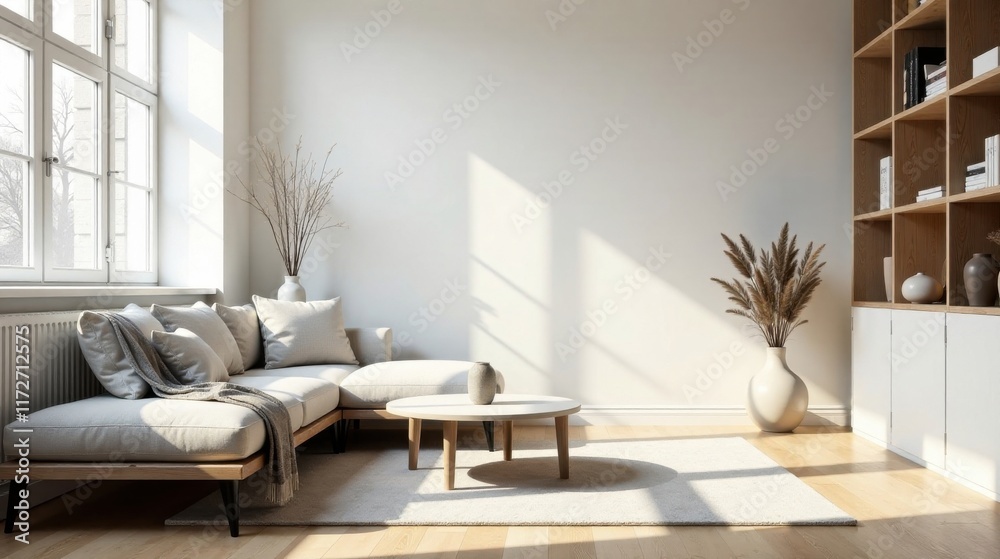 Fototapeta premium Serene Minimalist Living Room Design with Natural Light and Wooden Accents