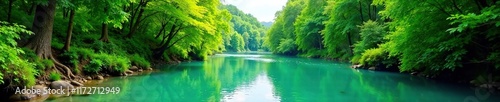 Lush greenery surrounds the banks of a slow-moving turquoise river, green forest, tree-lined river